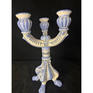 Vintage 11.5” Berardos Hand Painted Portuguese Pottery Candelabra  Blue & white